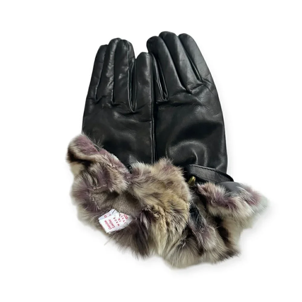 Sermoneta Leather Cashmere Lined gloves with Rabbit fur Trim size 7.5, Black NWT